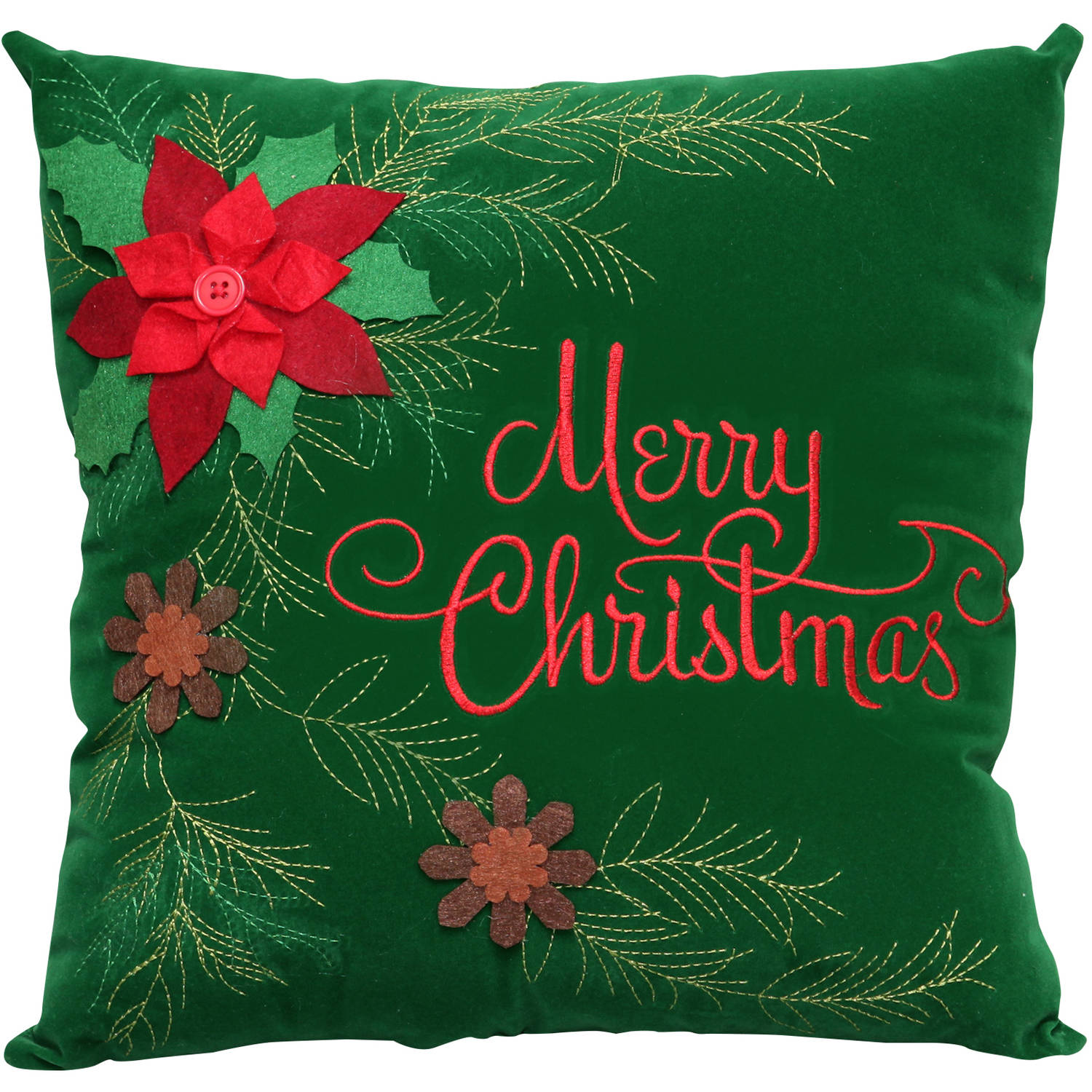 Holiday Time 14" Green Velvet Pinecone Pillow with Embroidery