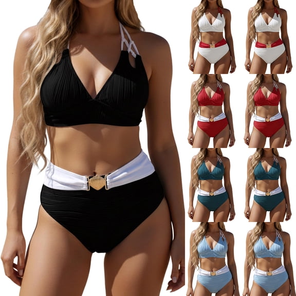 JoveMarine Women's Sexy Halter Bikini Set Two-Piece Swimsuit with Removable Padded Cups & Wire-Free Support for Summer Beach Vacation and Pool Party Black L