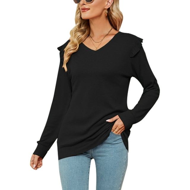 MAWCLOS Women Loose V Neck Tee Loungewear Solid Color Tunic Blouse Black XXL