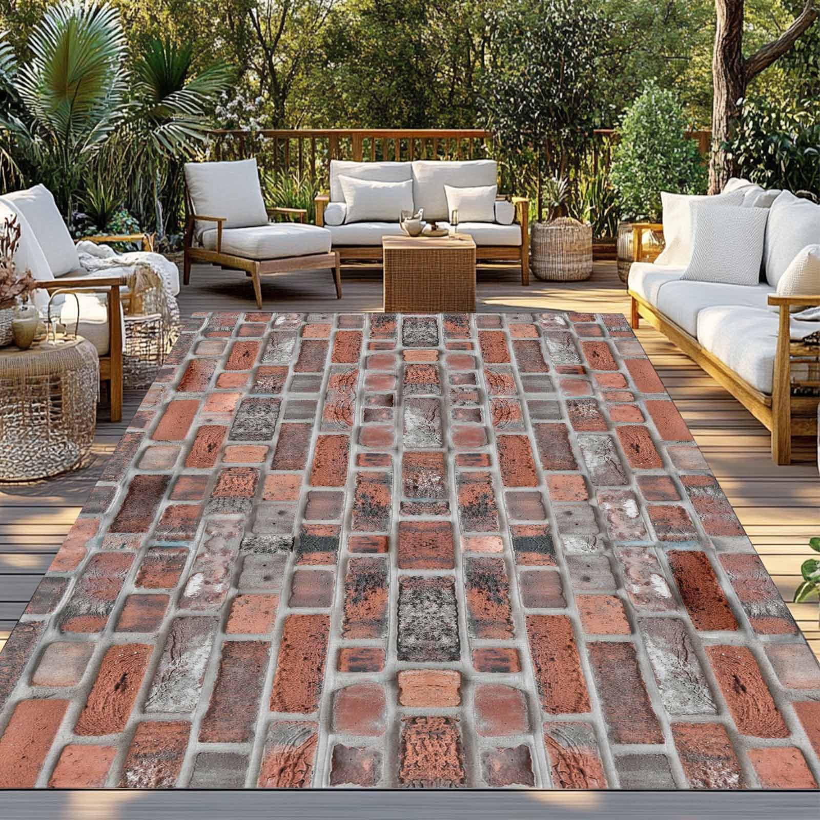 Red Brick Wall Outdoor Rug for Patio/Deck/Porch, Non-Slip Large Area Rug 5 x 7 Ft, Vintage Farmhouse Stone Rocks Geometric Print Indoor Outdoor Rugs Washable Area Rugs, Camping Rug Carpet Runner
