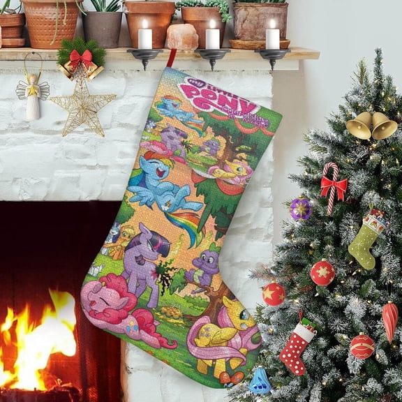 My Little Pony Friendship Is Magic-theme Christmas Stockings，Fine white linen for Stairs Fireplace Hanging Xmas Home Decor Christmas gift17.7"X12.6"(45cm×32cm)