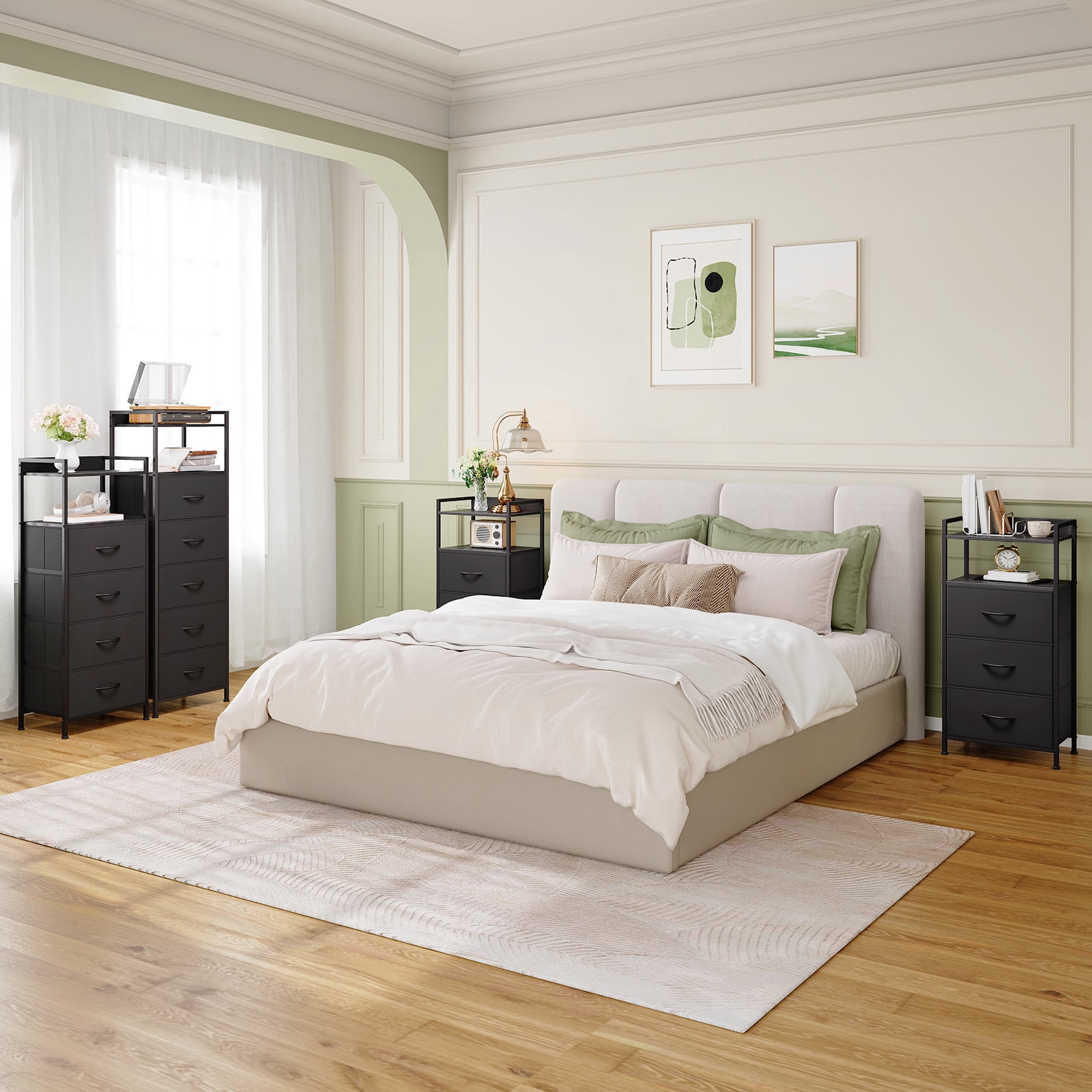 Eunos Black Tall Nightstand, 3 Vertical Fabric Drawer Dresser for Bedroom, Living Room, Hallway