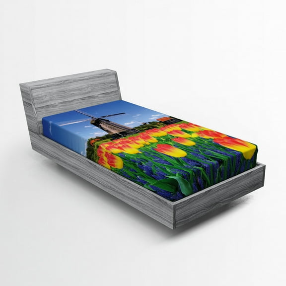 Ambesonne Flower Fitted Sheet, Blooming Tulip Windmill, Twin XL Size, Yellow Blue