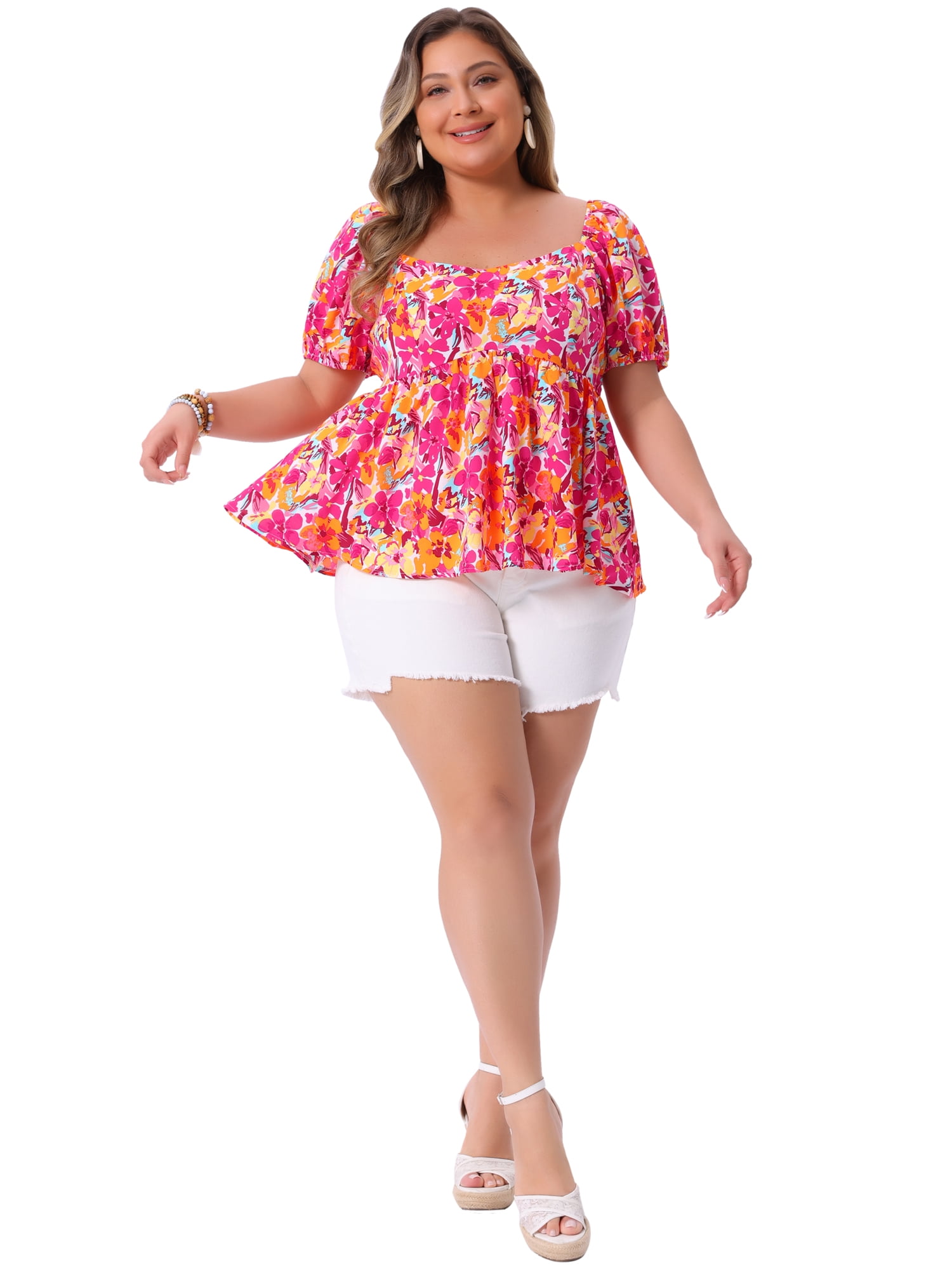 Women's Plus Sweetheart Neck Short Sleeve Floral Blouse with Ruffle Hem 2X Orange Pink