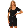 thumbnail image 1 of Vestido de cuello cuadrado Allegra K con botones en contraste y mangas abullonadas Negro L, 1 of 6