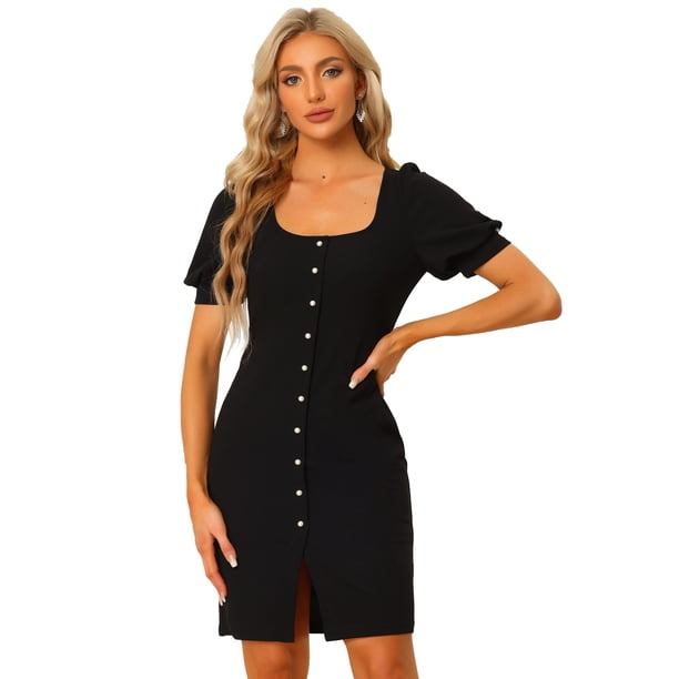 Vestido de cuello cuadrado Allegra K con botones en contraste y mangas abullonadas Negro L