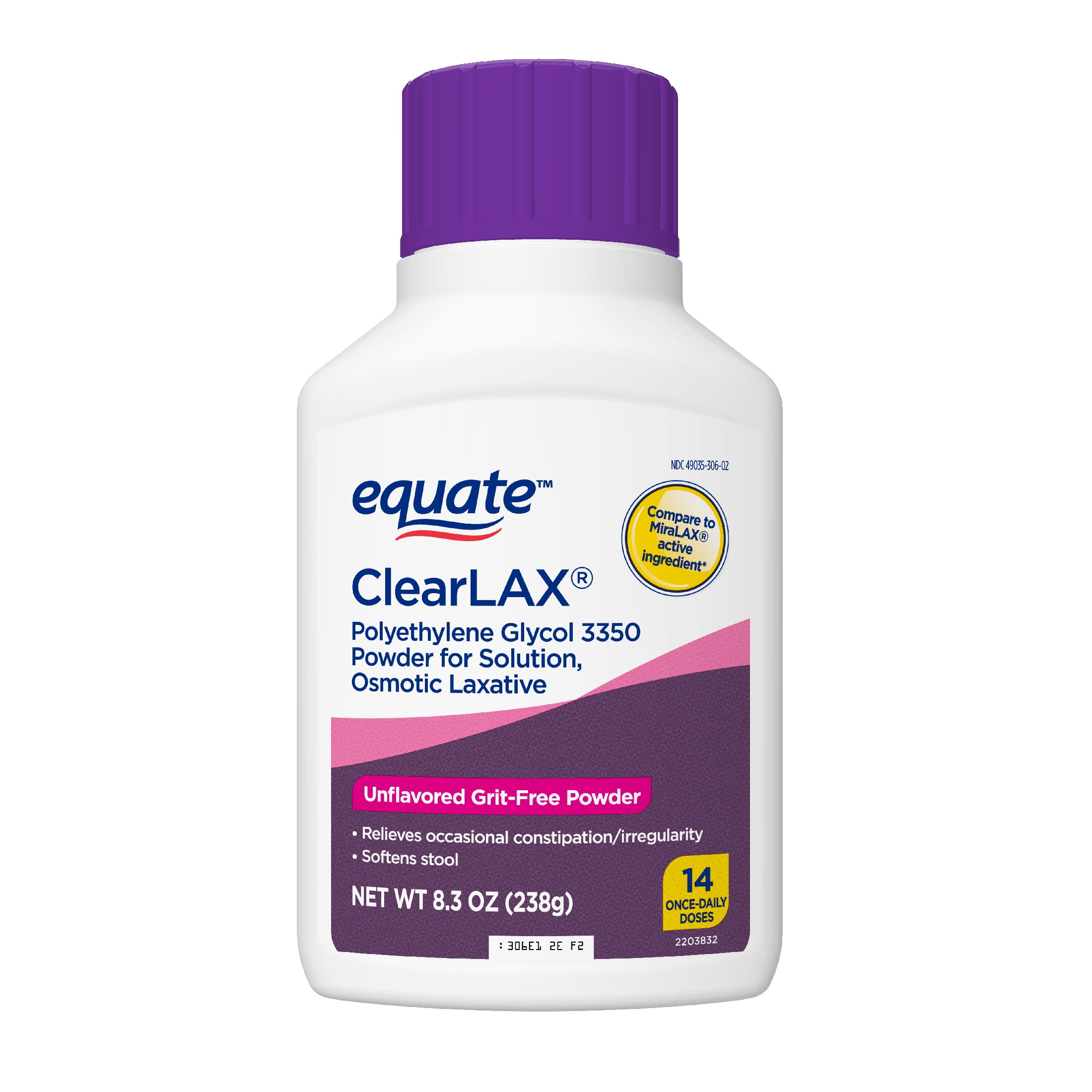 Equate ClearLax Polyethylene Glycol 3350 Powder for Solution, Osmotic Laxative, Softens Stool, Relieves Occasional Constipation, 8.3 Oz.