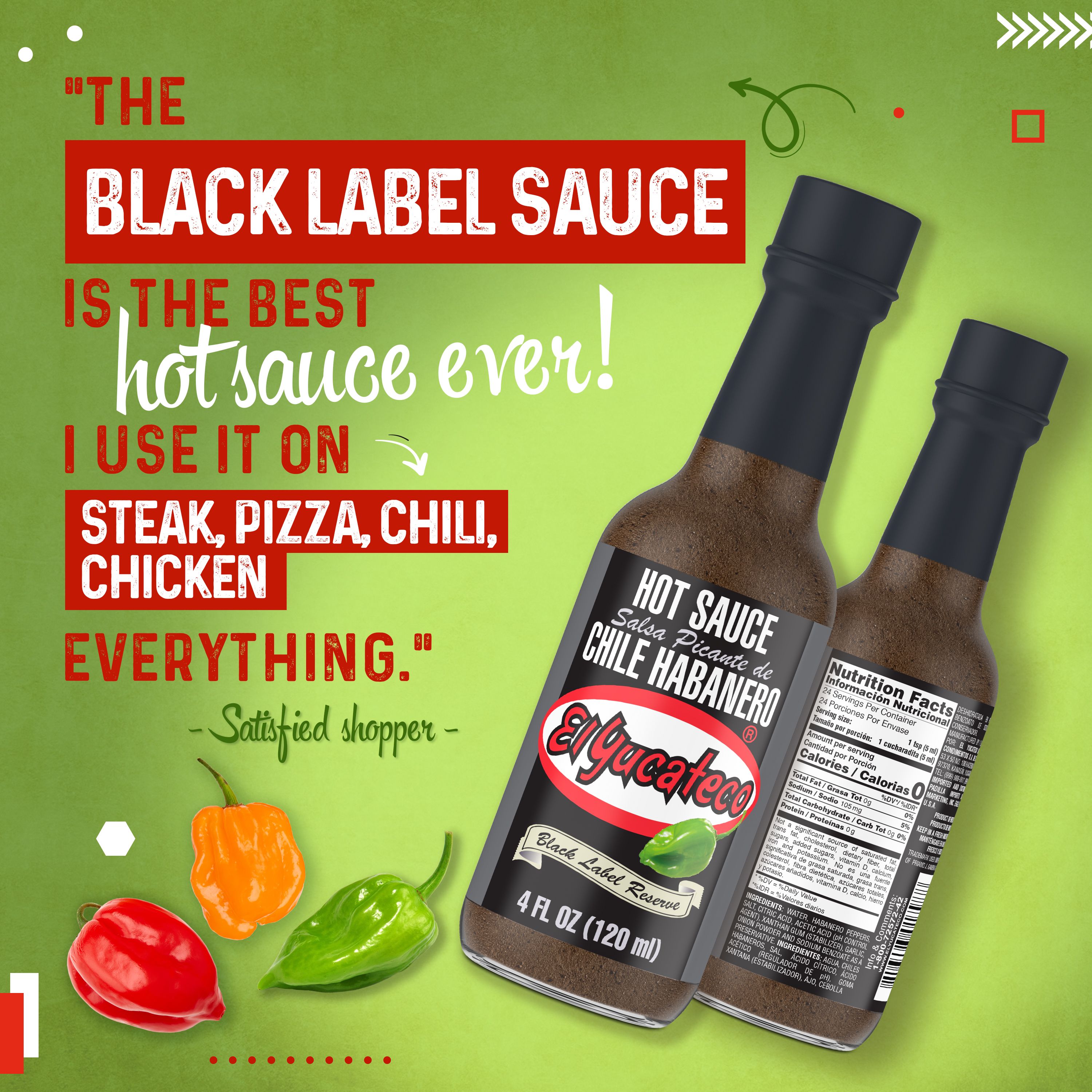 El Yucateco Black Label Reserve Chile Habanero Hot Sauce, 4 oz, No Allergens Contained