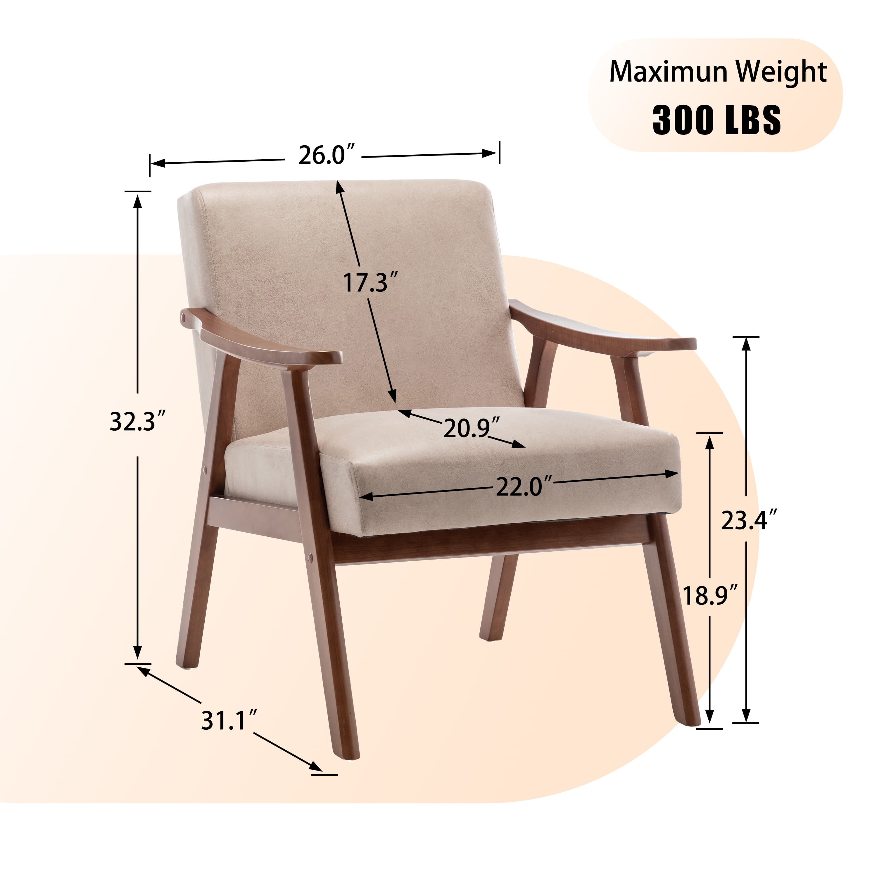 MAYEERTY Mid-Century Modern Chair Solid Wood Frame Accent Chair Extra-Thick Backrest Wingback Lounge Indoor Living Room Bedroom Reading Room