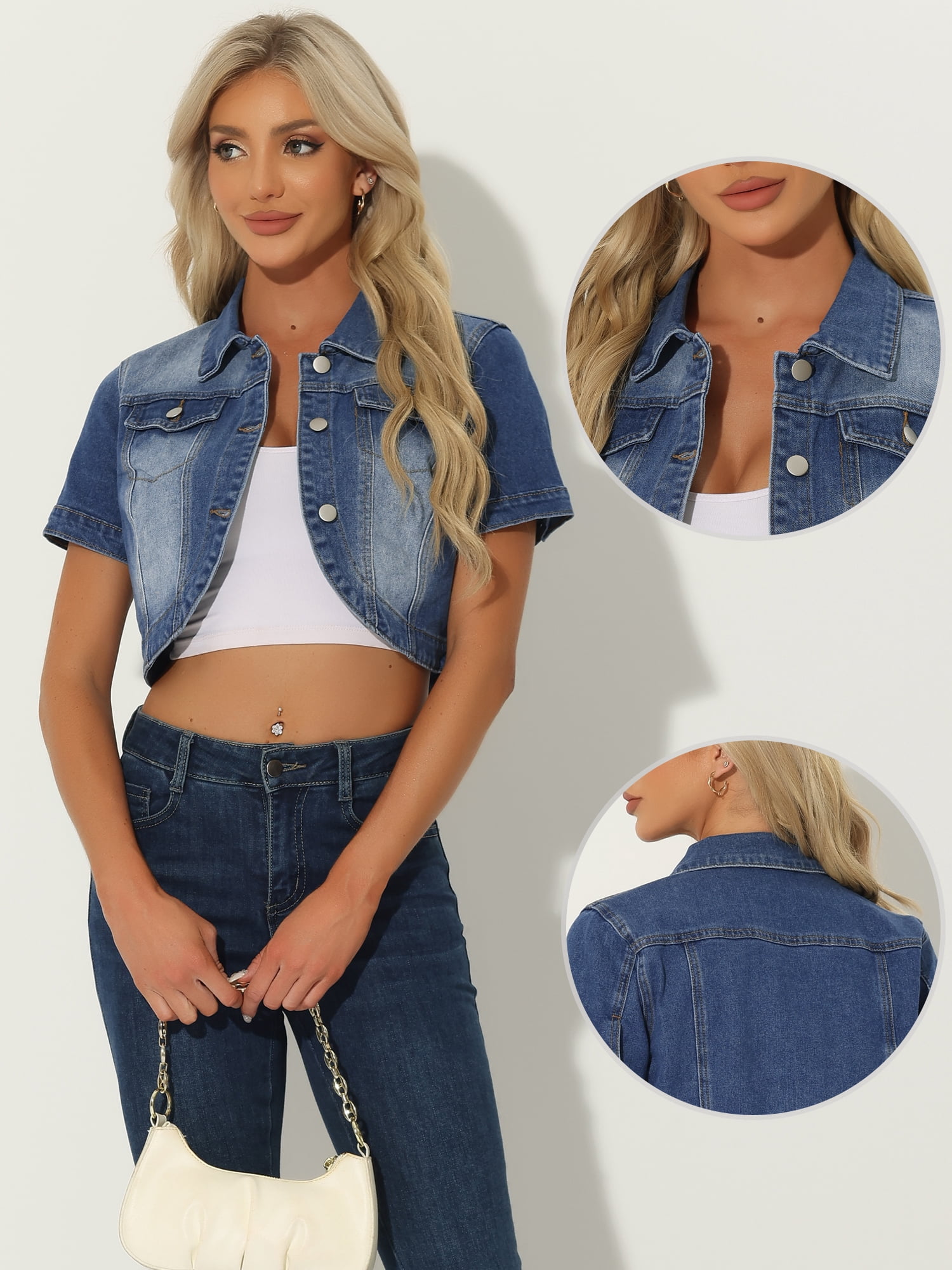 DARING DIVA Women's Summer Short Sleeves Crop Denim Jackets XS Mid-Blue