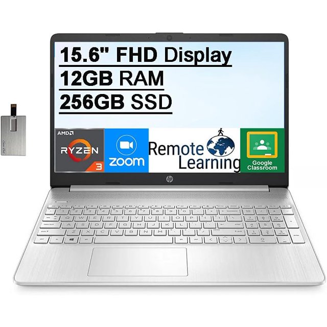 HP 15.6 FHD Display Laptop Computer, AMD Ryzen 3-3250U Processor(Beats Intel i5-1035G1), 12GB DDR4 RAM, 256GB SSD, AMD Radeon Graphics, HD Webcam, HDMI, Win 10S, Silver, 32GB Hotface USB Card
