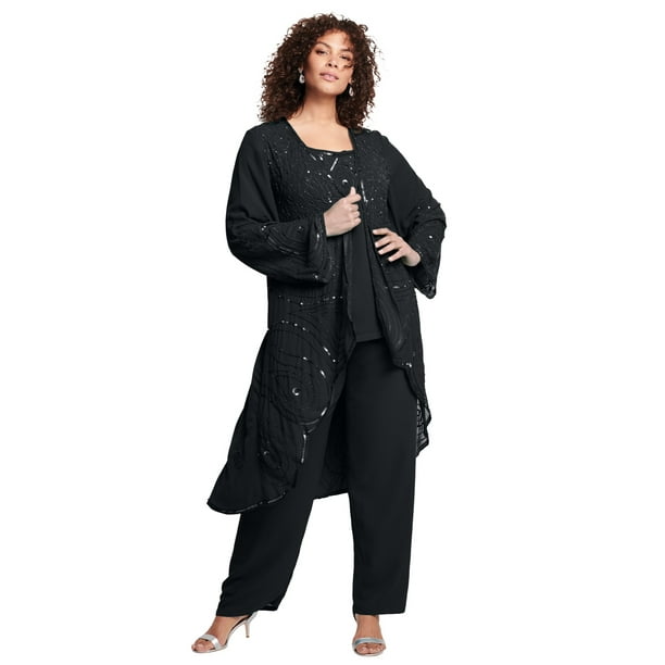 Roaman's - Roaman's Women's Plus Size Three-Piece Beaded Pant Suit Sheer Jacket Formal Evening