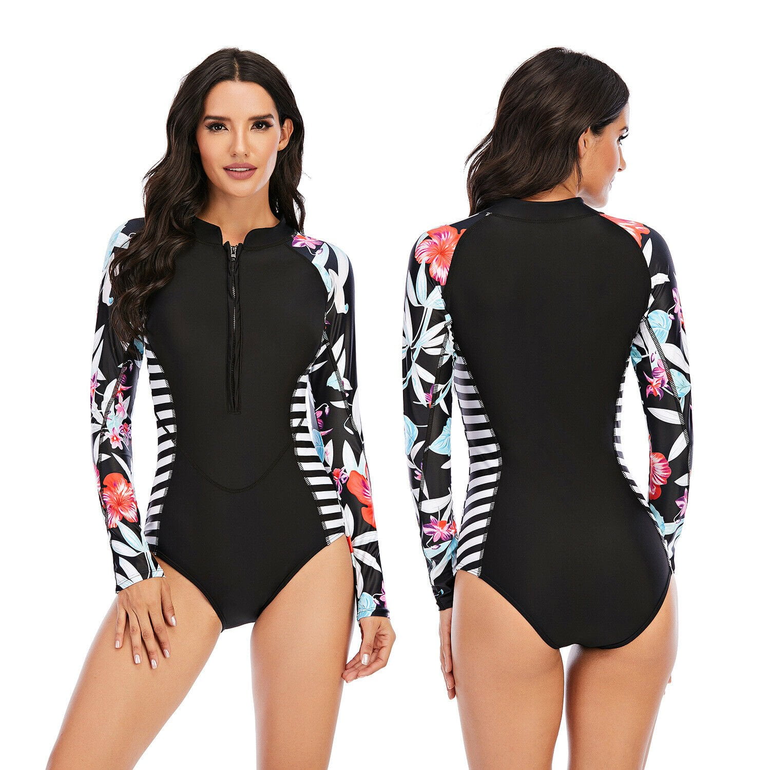 Women's Long Sleeve Zip Front Rashguard Swimsuit Sun Protection Surfing Swimwear  Bathing Suit 