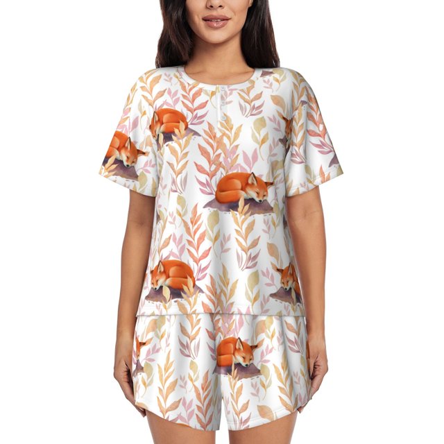 Fotbe Cute Sleepy Fox Conjunto de Pijama Estampado para Mujer, 2 Piezas, Ropa de Dormir con Camiseta de Manga Corta y Shorts Suaves-3X-Large