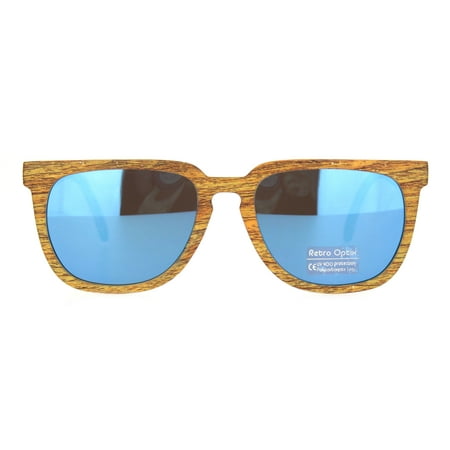 Mens Wood Grain Rectangular Keyhole Horn Rim Plastic Sunglasses Light Wood Blue Mirror