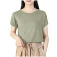 thumbnail image 3 of HVOBTTY Women's Summer Casual Solid Color Short Sleeve Round Neck Loose Soft Comfortable Versatile Daily Pullover Classic Beach Tee Shirt Army Green, M, 3 of 4