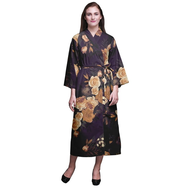 Bimba Robe Longue Douce Kimono en Coton Imprimé Couronne de Feuilles Florales Violettes Foncées & Roses pour Femmes X