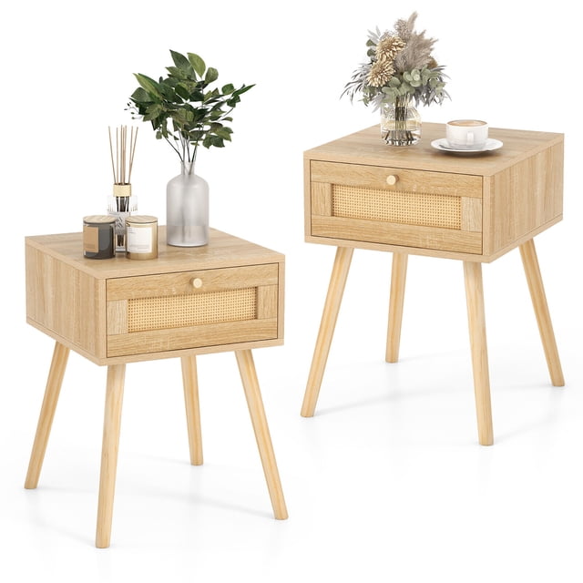 Gymax 2 PCS Nightstand Bedside Sofa Table with Rattan Drawer for Bedroom & Living Room