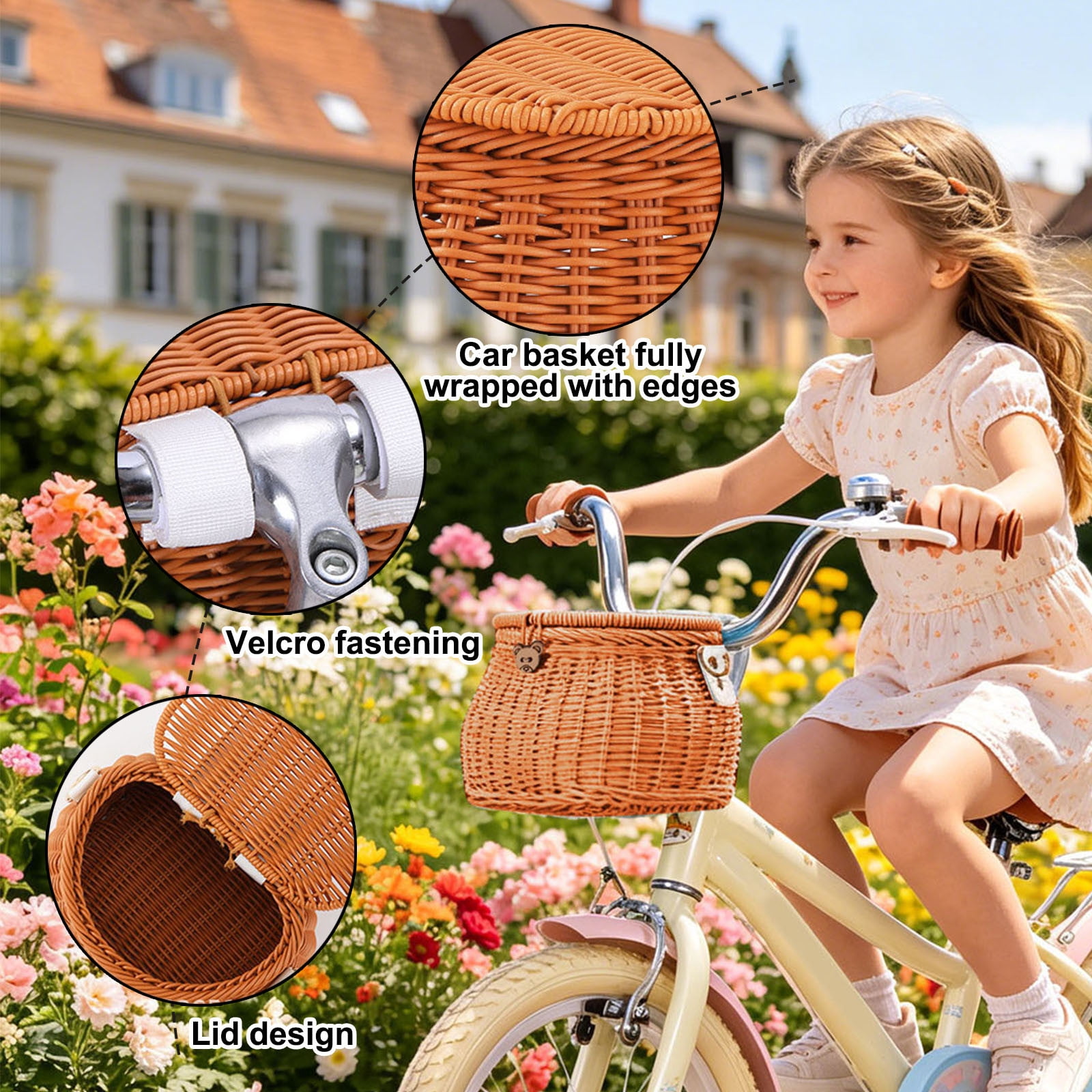 YIGOUMY-19cm PP Woven Bike Basket with Lid, Brown Bear Design Front Basket for Bicycle, Det Storage Basket with Strap for Scooter (Pink)