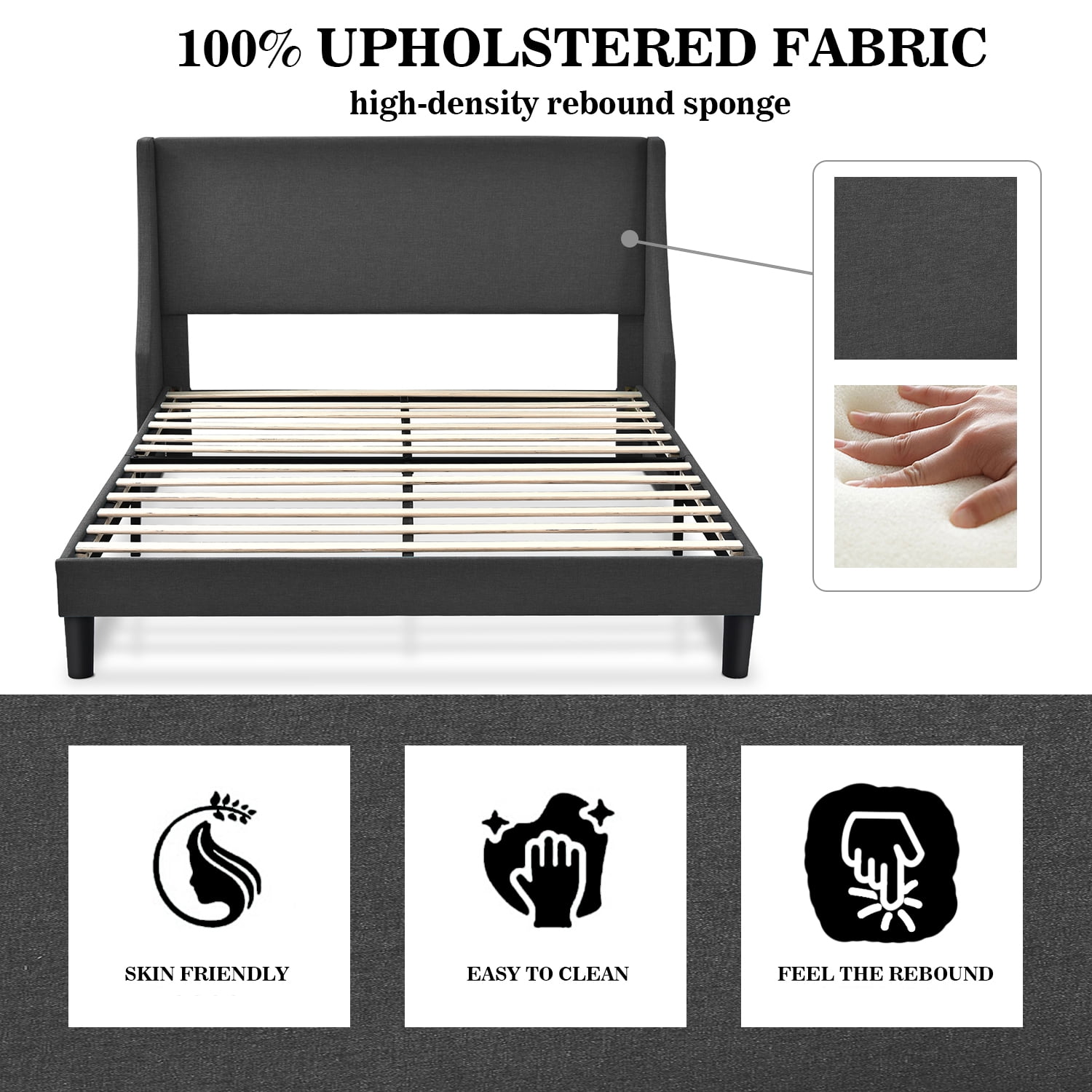 Allewie Full Size Fabric Upholstered Platform Bed Frame with Wingback Headboard, Dark Grey
