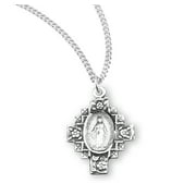 Sterling Silver Flowered Cross Miraculous Medal | 0.9" x 0.6" (22mm x 16mm) | Velvet Gift Box | 18" Rhodium Plated Curb Chain | .925 Sterling Silver | Mary Miraculous Necklace Medal Pendant | Madonna