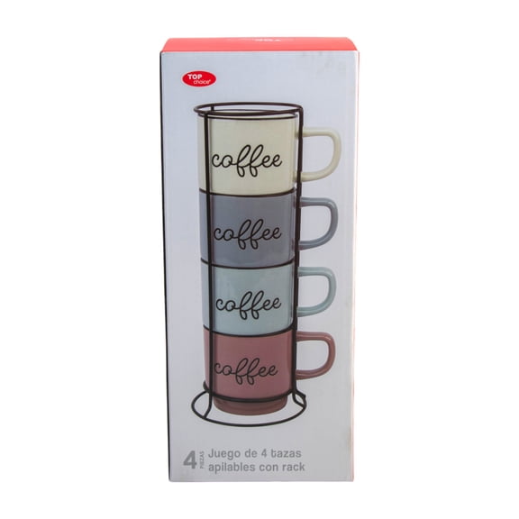 Juego de Tarros Top Choice de Porcelana Apilables 4 Piezas de 390 Ml con Organizador de Metal