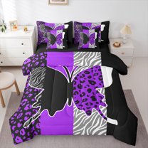 Homewish Purple Butterfly Animal Bedding Comforter Set 7-Piece, Romantic Valentines Day King Bedding Sets, Chic Leopard Zabra Print Reversible Bed Sheets, Luxury Bedroom Decor