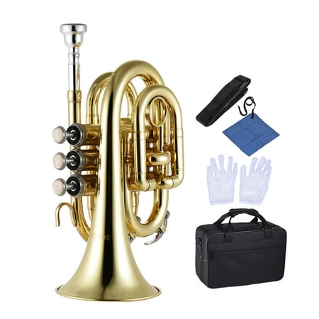 ammoon Mini Pocket Trumpet Bb Flat Brass Wind Instrument with Mouthpiece Gloves Cleaning Cloth Carrying