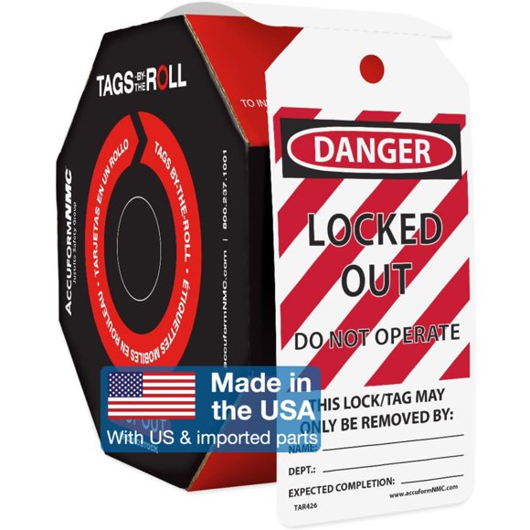 Accuform Signs TAR426 Tags By-The-Roll Lockout Tags, Legend "DANGER LOCKED OUT DO NOT OPERATE", 6.25" Length x 3" Width x 0.010" Thickness, PF-Cardstock, Red/Black