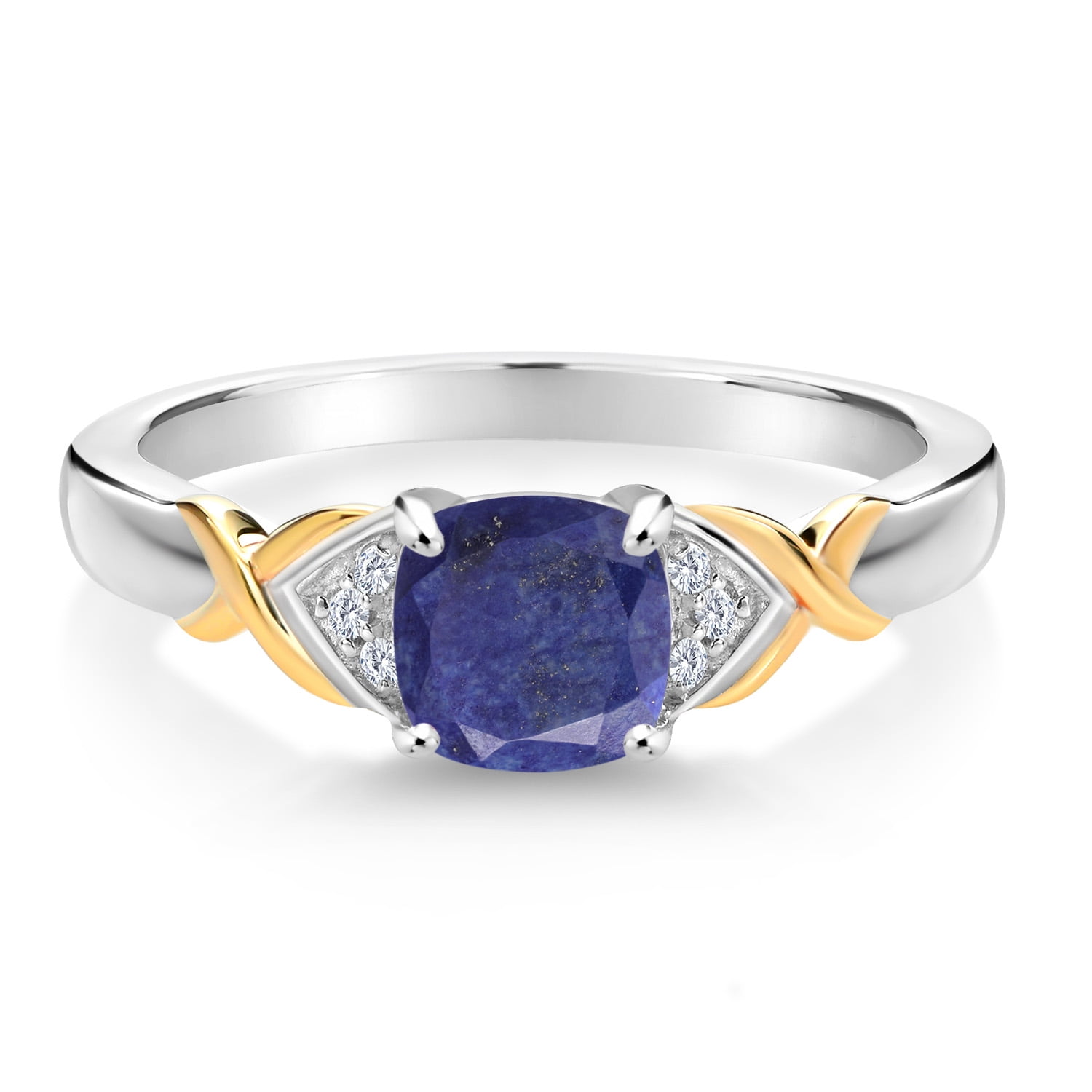 Gem Stone King 1.03 Ct Blue Lapis E-F Lab Grown Diamond 925 Silver and 10K Yellow Gold Ring