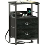 Furologee Nightstand with Charging Station, Black Night Stand with 2 Fabric Drawers, Side Table with USB Ports, End Table with Storage Shelf, for Living Room/Bedroom, Black Oak