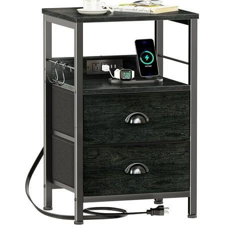Nightstand with Charging Station Black Night Stand with 2 Fabric Drawers Side Table with USB Ports End Table with Storage Shelf for Living Room/Bedroom Black Oak