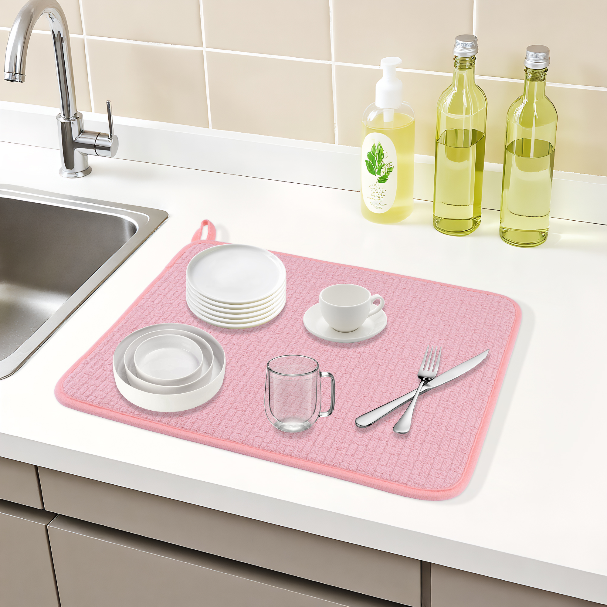 Unique Bargains Absorbent Microfiber Kitchen Mat Stone Drying Mat Pink 15.7*11.8 in