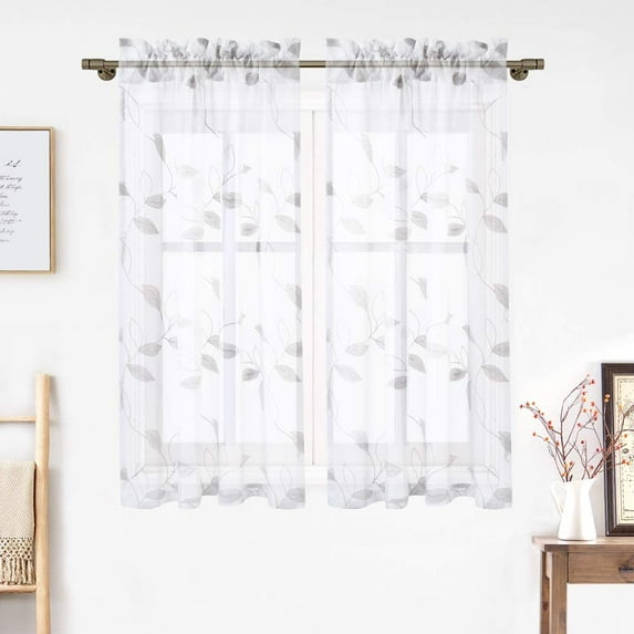 EastVita 2PCS Linen Textured Translucent Sheer Tiers Embroidered Leaves Pattern Small Window Panel Drapes for Kitchen/Cafe