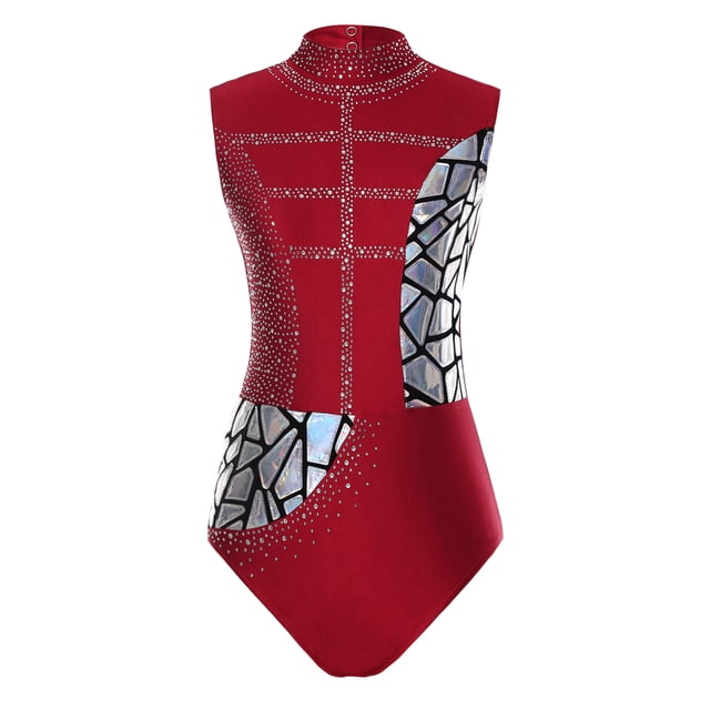 Choomomo Women One Piece Shiny Rhinestone Athletic Gymnastics Leotards Color Block Figure Ice Skating Costume Burgundy M