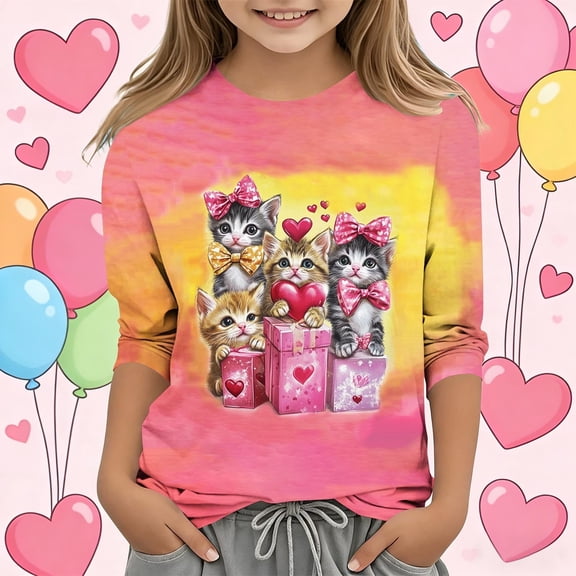 Girls Valentine Shirt Yellow Heart Print 3/4 Sleeve Top with Peter Pan Collar & Ruffle Sleeves for Kids Kids,Size 7 T
