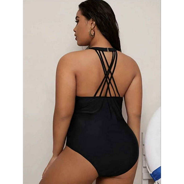 Plus Size Halter Swimsuits High Waisted One Piece Bathing Suit for Women  Sexy Mesh Tummy Control Swimwear Monokini 