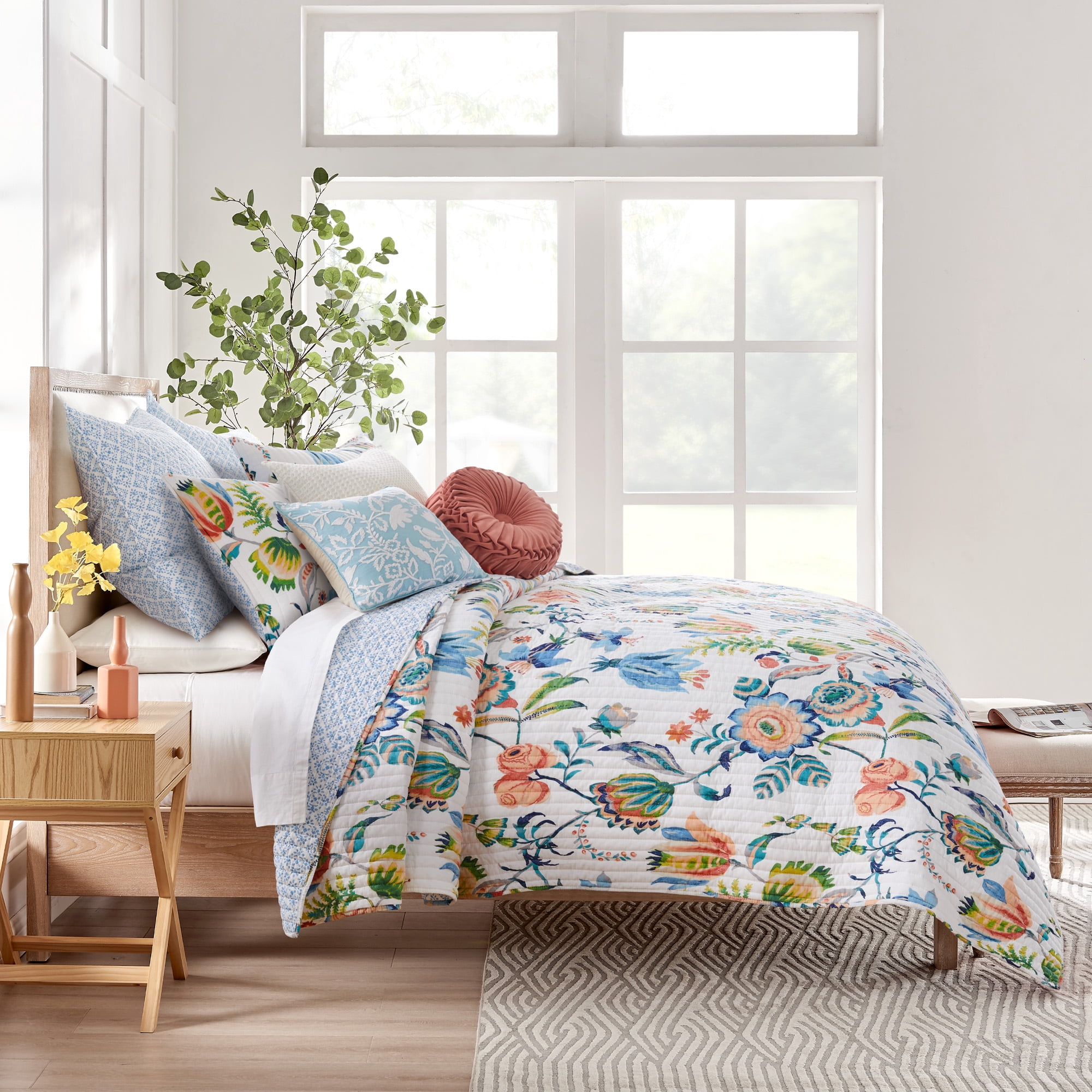 Levtex Home - Eleni Quilt Set - Full/Queen Quilt and Two Standard Shams - Floral - Blue, Navy, Coral, Green, White - Quilt (88x92in.) and Shams (20x26in.) - Reversible - Cotton