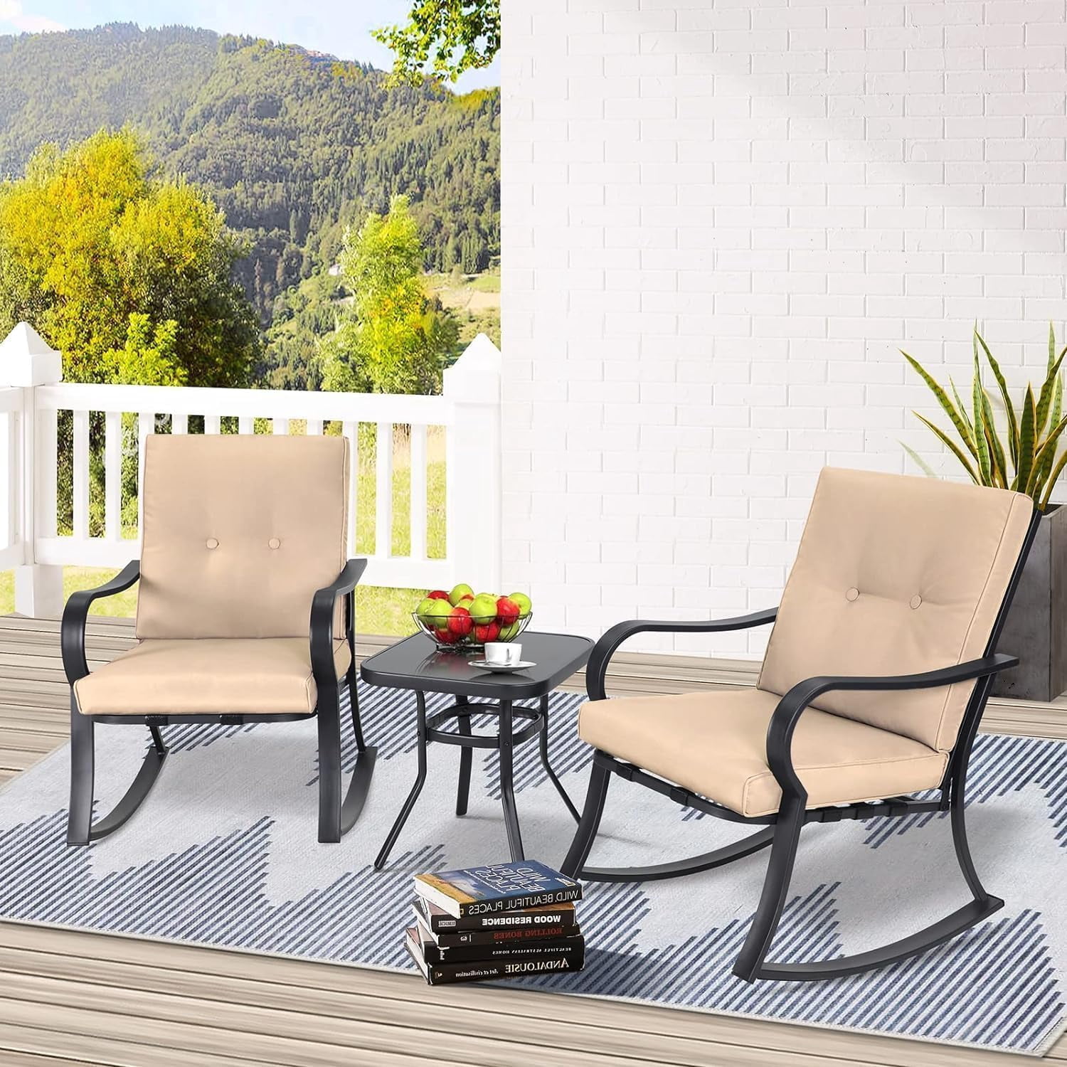 SUNCROWN 3-Piece Outdoor Patio Bistro Set Black Metal Rocking Chairs and Table with Brown Cushions