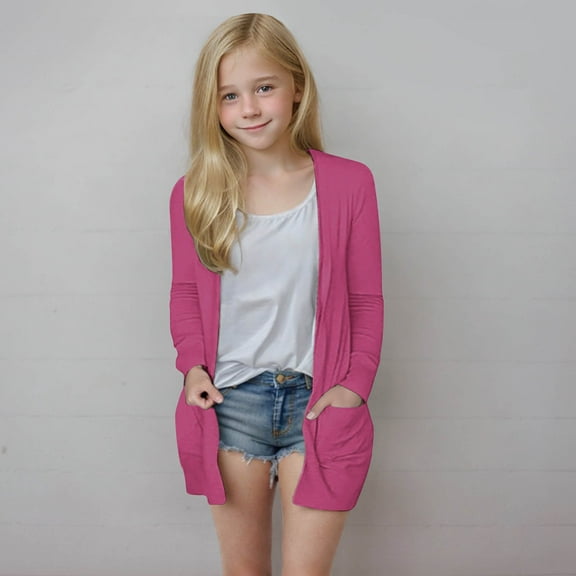 NAISIBABY Girls Open Front Cardigan 7-8T, with Pockets Long Sleeve Mid-Length Fashion Soft Outerwear Hot Pink(5-14T)