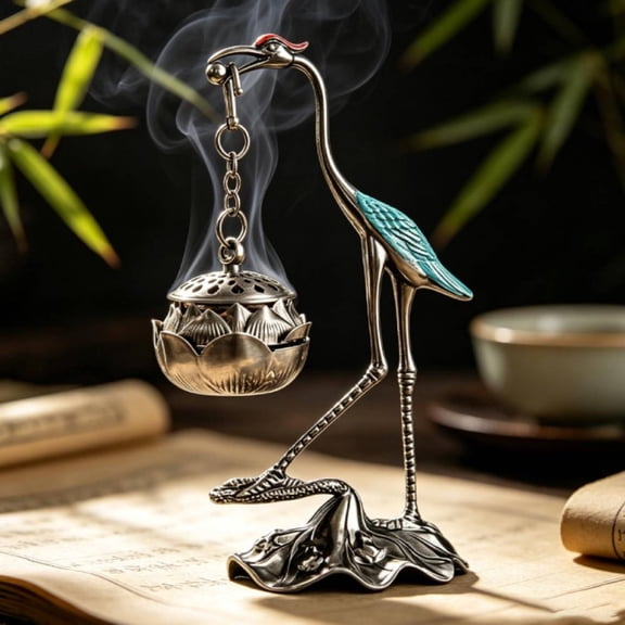 Crane Incense Holder, Vintage Crane Hanging Incense Burner with Lid Ash Catcher for Cone & Coil Incenses Aromatherapy Ornament for Home Office Decor