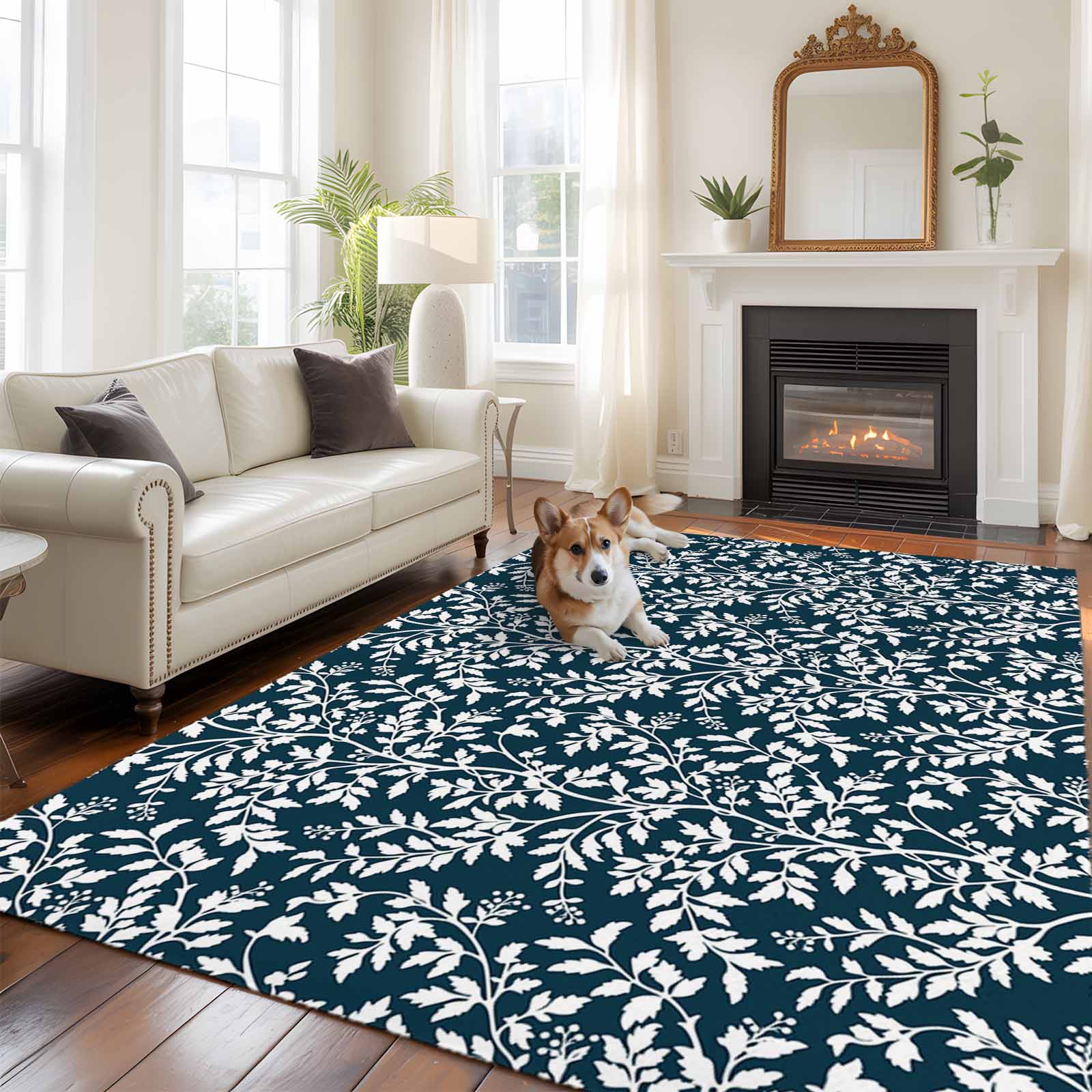 5'x7' Area Rugs for Living Room Bedroom, Navy Blue Spring Floral Washable Rug Carpet Runner Indoor Outdoor, Farmhouse Flowers Elegant Pastoral Non Slip Floor Mats Area Rug for Kitchen, Nursery