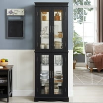 Lighted Glass Curio Display Cabinet with Wood Frame - Elegant Glass Storage for Wine, Toys & Collectibles - Perfect for Living Room, Kitchen & Pantry - Bulb Included, Black