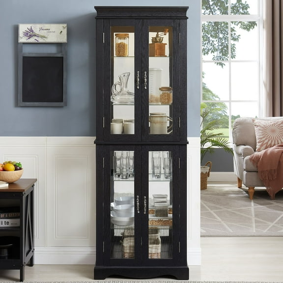 Lighted Glass Curio Display Cabinet with Wood Frame - Elegant Glass Storage for Wine, Toys & Collectibles - Perfect for Living Room, Kitchen & Pantry - Bulb Included, Black