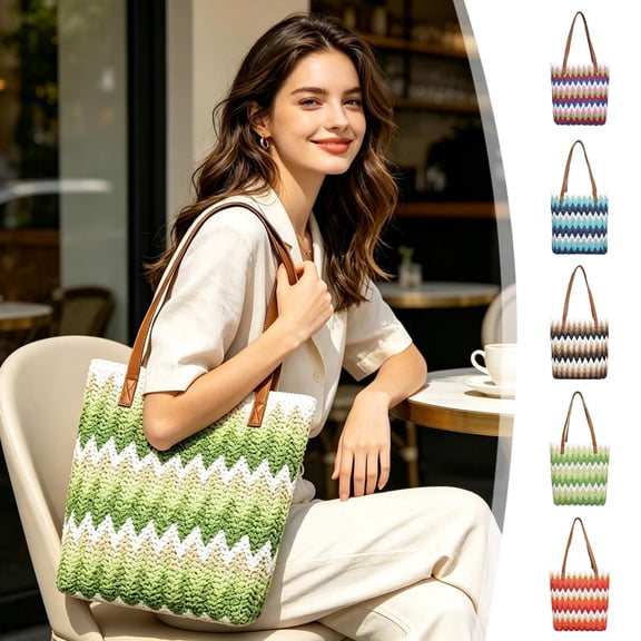 Wavy Striped Woven Tote Bag - Straw-Look Handwoven Shoulder Handbag • Open-Top Spacious Carryall • Double Handles • Lightweight Breathable Beach Travel Vacation Purse