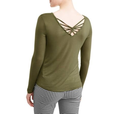 Juniors' Caged Back V-Neck Long Sleeve Pocket T-Shirt