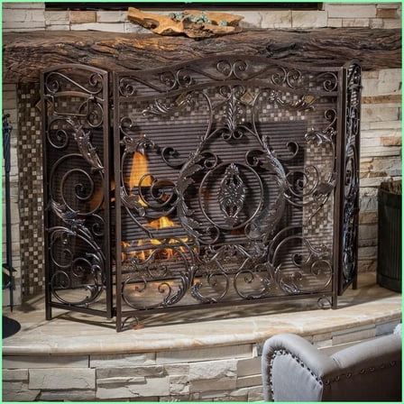 Fireplace Screen, Traditional Three-Panel | Black   Gold | Iron