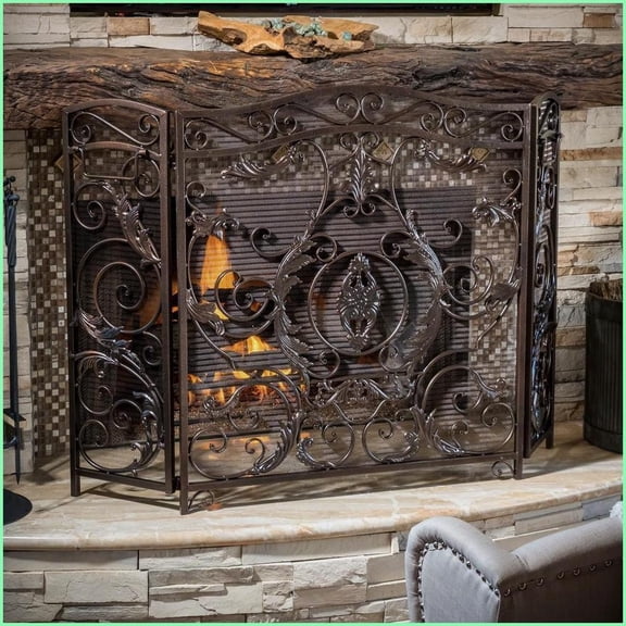 Fireplace Screen, Traditional Three-Panel | Black   Gold | Iron