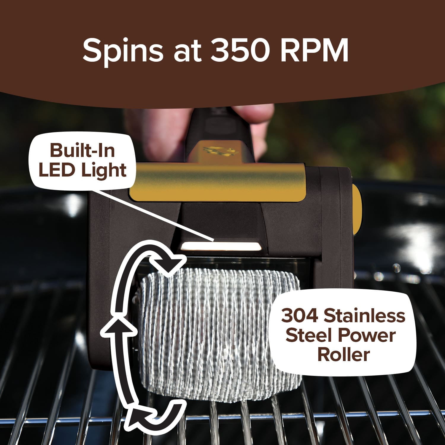Horsepower Giddy Up GOLD Bristle-Free Spinning Grill Brush w/LED & Longer Run Time, Cordless/Rechargeable, 304 Stainless Steel Power Roller Blasts Away Burnt-On Food, No Bristles No Preheating 350 RP
