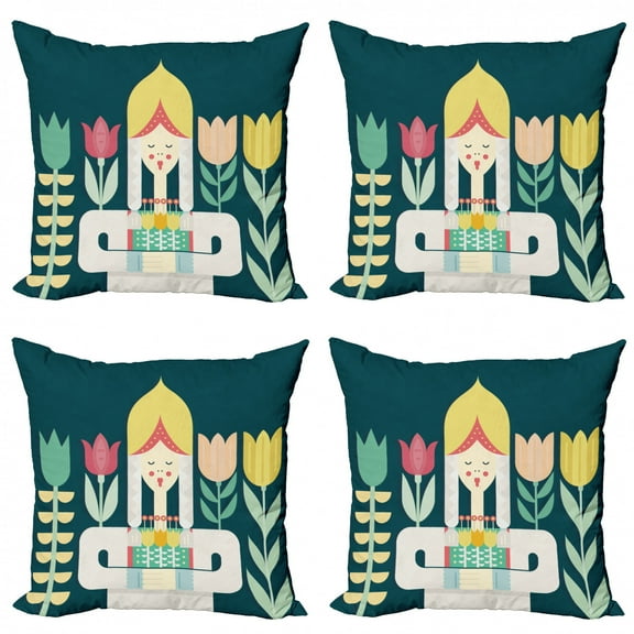 Ambesonne Amsterdam Throw Pillow Cover 4 Pack, Dutch Girl and Flowers, 16", Dark Teal and Multicolor